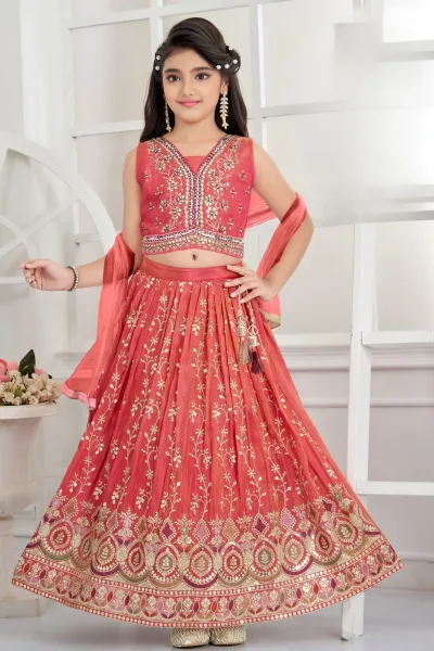 Tomato Red Mirror, Zardozi, Zari, Beads and Sequins work Lehenga Choli